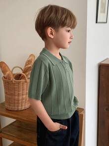 Hapijoa 男童纯色 Polo 领半开襟休闲百搭日常针织短袖上衣 - 軍綠色 - 查看 4