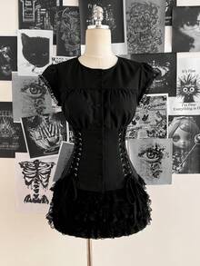 Attitoon 女士休闲复古系带褶皱修身衬衫，适合Y2K风格 - 黑色 - 查看 11