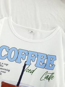 2-Piece Big Kids Boys Pajamas Set,White Summer Cute Night Short Sleeve Top With Coffee Graphic & Green Gingham Plaid Long Pants Loungewear Sleepwear - Multicolor - View 6