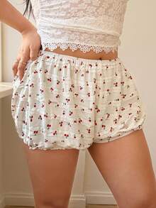 Sunnyshic 大码女式层叠荷叶边樱桃印花休闲修身短裤，春夏款 - 米色 - 查看 4