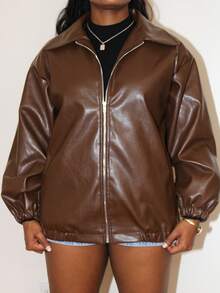 Steph T Solid Color Zipper PU Leather Casual Versatile Jacket - Coffee Brown - View 4