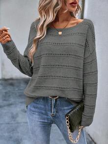 EMERY ROSE Women's Casual Dropped Shoulder Long Sleeve Pullover Sweater, Spring/Autumn - Grey - View 6