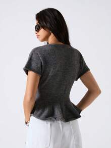 LYSMO Women's Chic Dark Grey Short Sleeve Knit Sweater Top For Autumn Brunch,Minimalism Crew Neck Ruched Front Button Pleated Hem Solid Casual - Grey - View 2