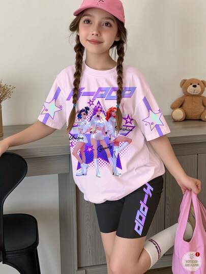 2pcs/Set Tween Girls' Casual Fashionable Colorful K-POP Girl Group Letter & Star Print Outfit, Suitable For Holidays, Parties, Daily Wear, Concerts - Round Neck Short Sleeve T-Shirt And Shorts, Summer Teenager Girl Short Shirt For Summer 2 Peace Girls Set Casual Cartoon Print Shirt Sleeve T Shirt And Shorts Tween Girls Casual Printed Round Neck Short Sleeve T Shirts Girls Oversize E Girl Clothes