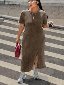 SHEIN EZwear 咖啡棕色加大码宽松长款雪花印花T恤裙 - 咖啡棕 - 查看 3