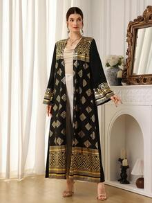 Al Najma Women's Metallic Trim Open Front Casual Abaya, Versatile For Gatherings And Outings - Black - View 3
