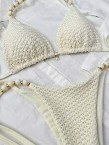 Swim Vcay Set de 2 piezas Bikini de unicolor con triángulo halter, decoración de perlas y pantalones con nudo mariposa lateral, traje de baño para mujer - Beis - Ver 5