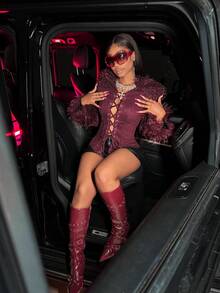 Slaydiva 2025 Autumn/Winter New Music Festival, Easter, Holiday, Western, Nomadic Style, Birthday Party, Graduation Season, Student Wear, Daily Casual, Vacation, Cruise Travel, Beach, Sunbathing, Viral , Street Style, Fashion, Sexy Lady, Basic, Letter, Rhinestone Print, Faux Fur & Suede Patchwork Women Fitted Jacket - Purple - View 1