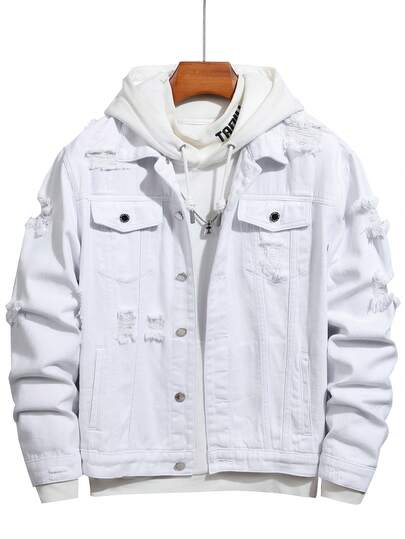 Manfinity Hypemode 男士长袖棉质破洞翻盖口袋牛仔夹克（无帽），秋季款