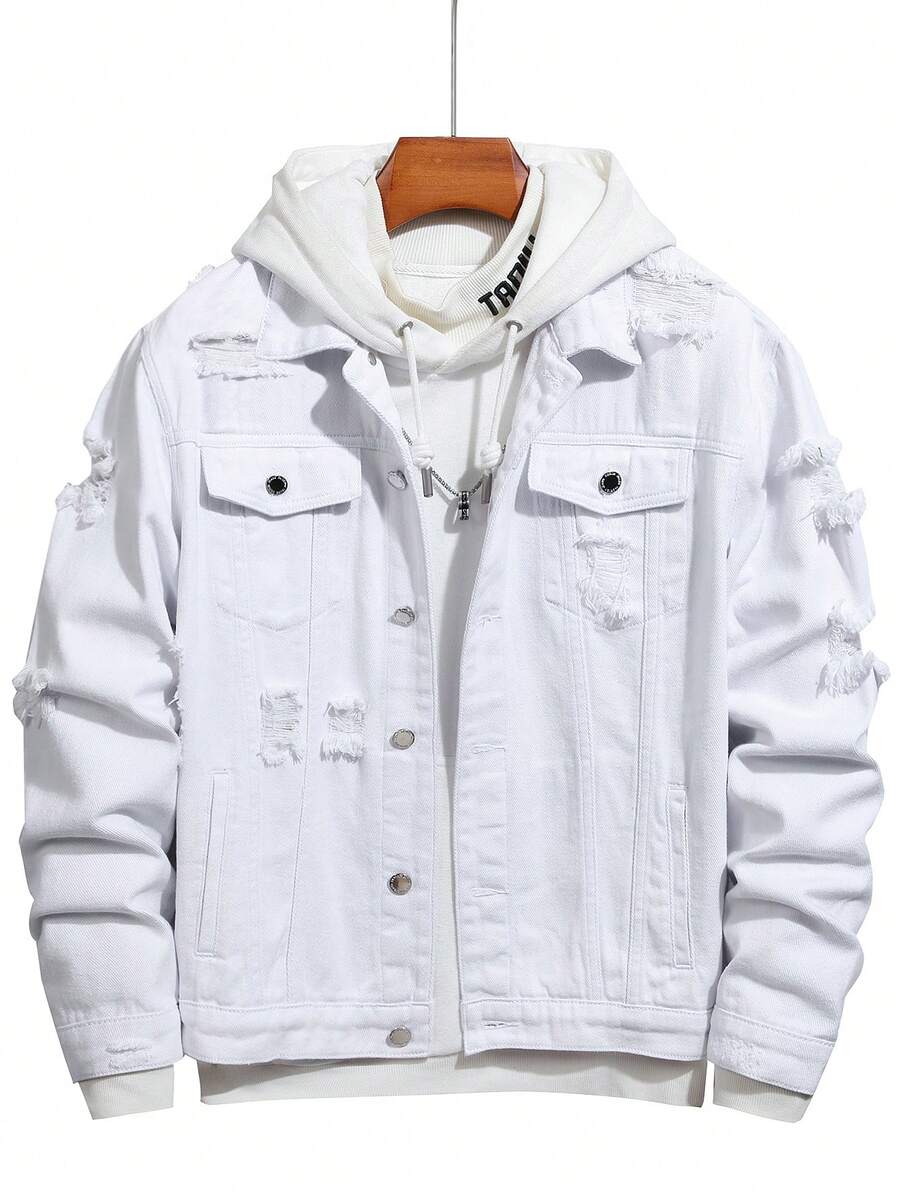Manfinity Hypemode 男士长袖棉质破洞翻盖口袋牛仔夹克（无帽），秋季款 - 白色 - 查看 1