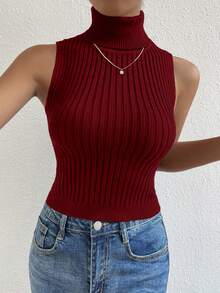 SHEIN Unity Women's Turtleneck Ribbed Fitted Versatile Knit Top, Suitable For Dates And Outings - Red - View 4