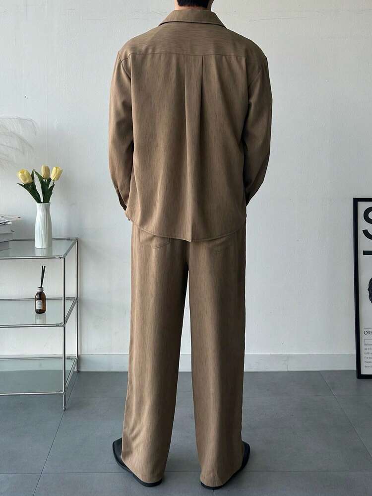 Men's Casual Solid Color Long Sleeve Shirt And Drawstring Waist Long Pants Set, Suitable For Spring And Autumn Daily Commute