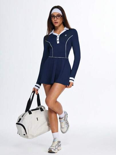 Eassivo Eassivo Women's Sports Polo Collar Dress Set, Tennis Dress With Polo Collar, Long Sleeve Fitted Yoga Sports Polo Dress With Leggings