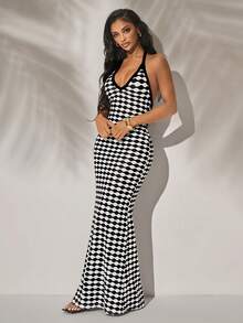 Radiana Women's Sexy Elegant Crochet-Like Black & White Geometric Print Halter Bodycon Maxi Dress, Backless Dress, Long Dress, Vacation Dress, Beach Dress, Suitable For Casual Outings, Island Vacation, Beach, Holiday, Tea Party, Night, Date, Gathering, Concert, Country Music Festival Checkered Dress Bodycon Maxi Dress Women Plaid Dress Houndstooth Dress - Multicolor - View 1