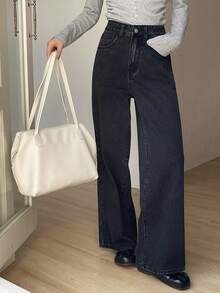 DAZY Quần jeans nữ ống rộng cạp cao dáng suông, màu đen. - màu đen - Xem 4