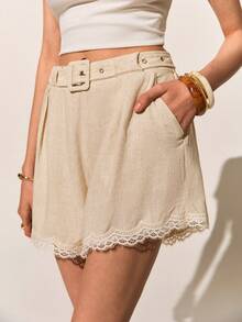 Poéselle Women's Summer Casual Vacation & Commute Contrast Lace Loose Shorts With Pockets And Belt - Apricot - View 1