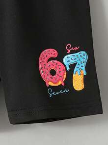 SHEIN 2pcs/Set Young Girls' Six Seven Print Knit Loose T-Shirt + Leggings Set, Casual, Fashionable, Versatile, Suitable For Party, Outing, Photoshoot With Friends, Park, Camping, Vacation, Daily Casual Wear - Black - View 7