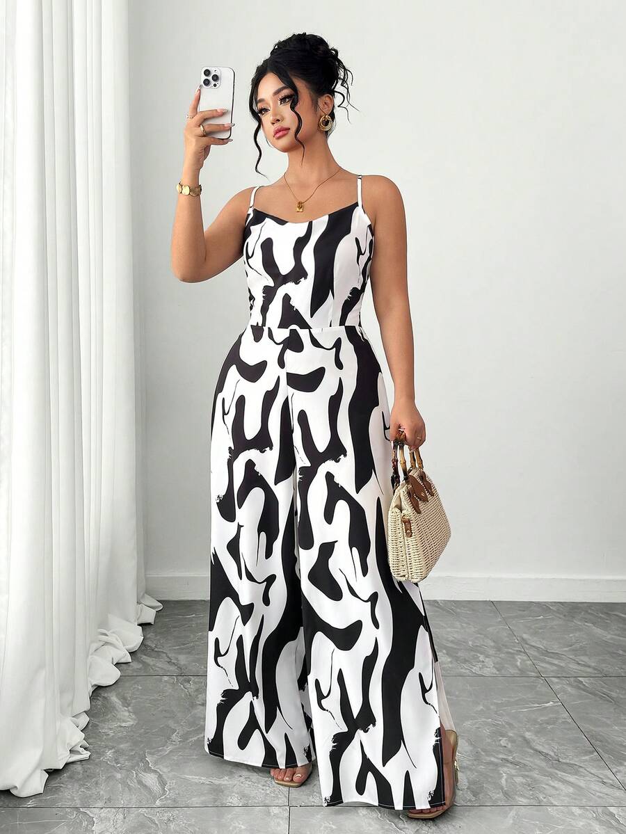 Elenzga Bộ jumpsuit không tay thắt eo màu đen trắng thanh lịch dành cho nữ cỡ lớn, thích hợp cho mùa xuân/hè. - Đen và trắng - Xem 1
