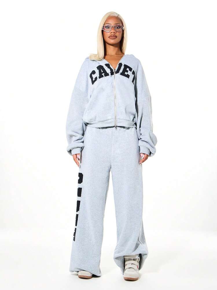 SUMWON WOMEN Oversized Full Zip Graphic Hoodie With Rhinestone Detail