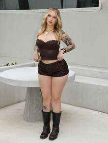 Arliah Camiseta ajustada y sexy de mujer con parches de encaje - Café integral - Ver 4