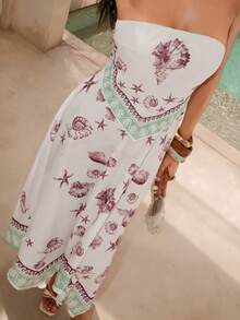 NOVVYNE Women's Seashell Print Asymmetrical Dress, French Romantic Beach Vacation Style, Summer - Multicolor - View 3