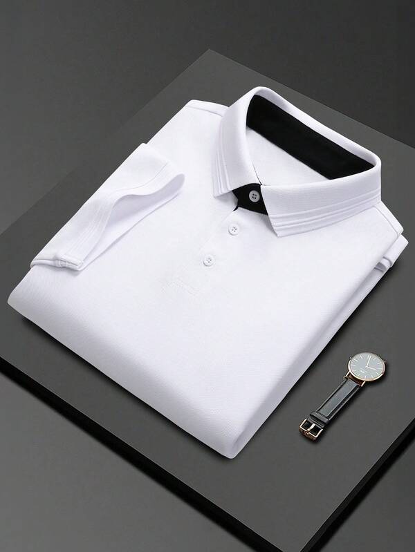 Manfinity Mode Men's Contrast Color Jacquard Collar Casual Short Sleeve Polo Shirt,Men Old Money,Daily Leisure, Weekend Trips, Outdoor Activities, Travel Expeditions, Relaxed Work Environments Or Semi-Formal Occasions, Boyfriend/Husband Gift, Anniversary /Birthday Gift Party Summer Vacation Holiday,Wedding,Spring To Summer,Easter,Y2k,Vintage,Men's White Short Sleeve Polo Shirt Business Casual Top,Collar Shirts,Collared Shirts,White Designer Shirt,Office Shirts,Elegant Shirts
