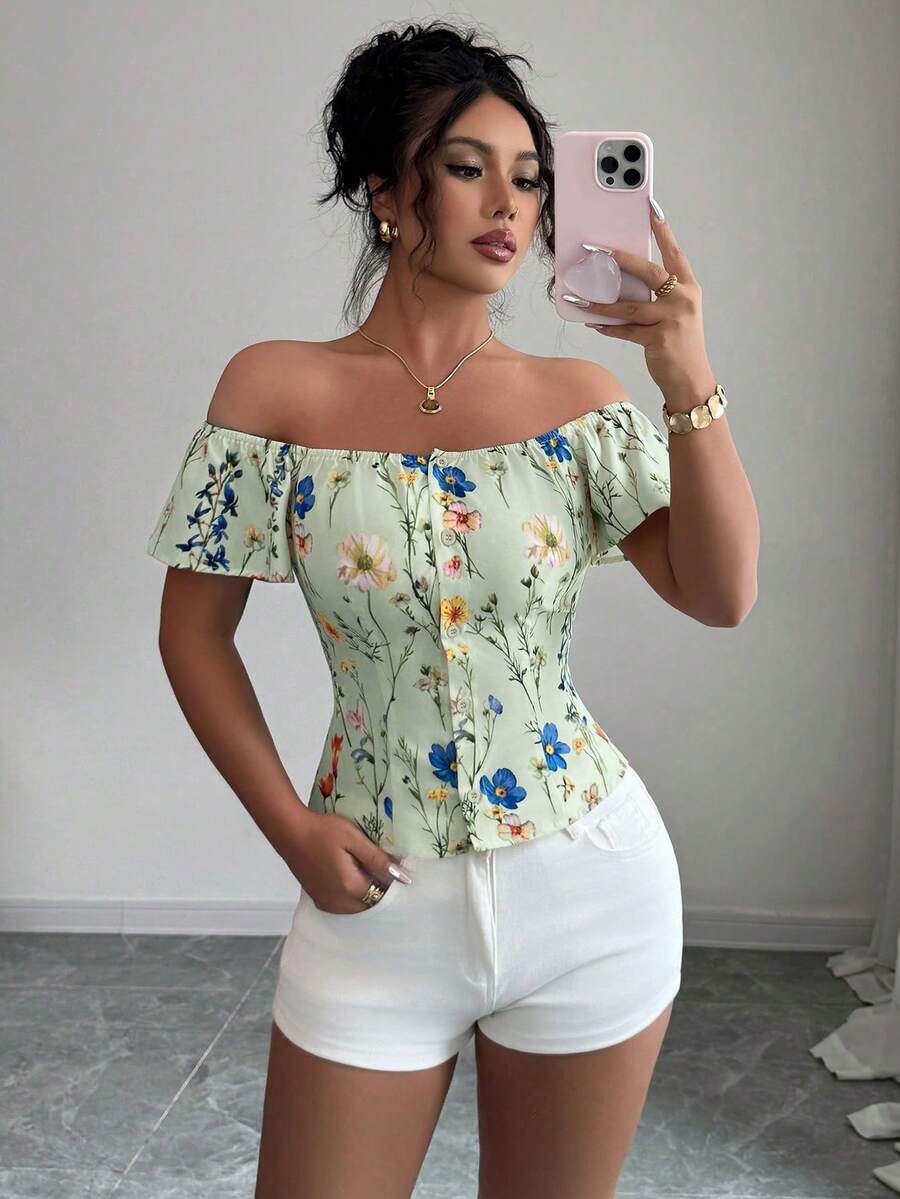Selianne Áo kiểu trễ vai in hoa mùa hè dáng rộng - màu xanh lá - Xem 1