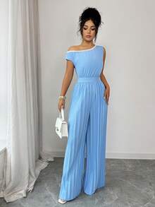 Selianne Bộ jumpsuit nữ thanh lịch với cổ áo bất đối xứng, eo thắt, gấu quần xếp ly, dáng rộng, ống rộng, thích hợp cho kỳ nghỉ và đi làm, mùa xuân/hè. - Màu xanh lam - Xem 4