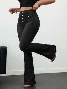 SHEIN PETITE CURVE Quần jean ống loe túi trước cài nút cỡ lớn cho nữ thường ngày mùa hè mùa thu mùa thu trở lại trường dễ thương phong cách thập niên 2000 Kawaii Y2k sân bay cho phụ nữ khiêm tốn tiền cũ Tulum giáo viên cho phụ nữ giáo viên cho phụ nữ quần jean xanh cổ điển quần jean ống loe quần jean ống loe - màu đen - Xem 3