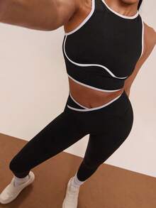 SHEIN BAE Damski krótki top z asymetrycznym stanem i legginsami sportowymi, zestaw do ćwiczeń na siłownię, strój fitness, zestaw legginsów do ćwiczeń, żebrowany zestaw do ćwiczeń dla kobiet - Czarne - Zobacz 5