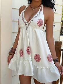 Sunnyshic Women's V-Neck Drawstring Waist Asymmetrical Hem Boho Beach Dress, Suitable For Spring/Summer - Multicolor - View 4