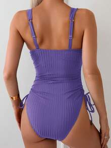 Swim Basics Maiô feminino de uma peça com detalhe franzido e nó, em cor sólida, ideal para praia e piscina. - Roxa - Ver 2