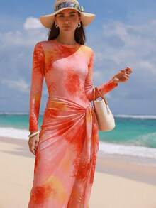 Swim Shayni Women's Tie-Dye Print Long Sleeve Zipper One-Piece Swimsuit, Suitable For Beach Vacation - Multicolor - View 5