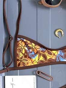 SoleilVie 女士夏季双层布料滚边设计吊带随机印花两件套泳衣，适合海滩度假 - 彩色 - 查看 8