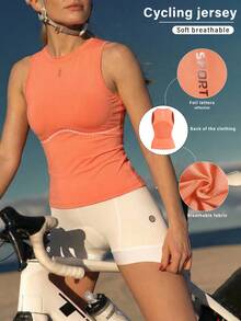 Exploreva 女士无袖瑜伽骑行上衣，撞色缝线 - 珊瑚橙 - 查看 1