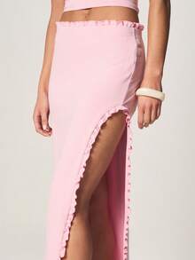 MISSGUIDED Ribbed Ruffle Detail High Waisted Side Slit Maxi Skirt For Summer Vacation Beach Party Evening Elegant Bodycon Long Skirt - Pink - View 4