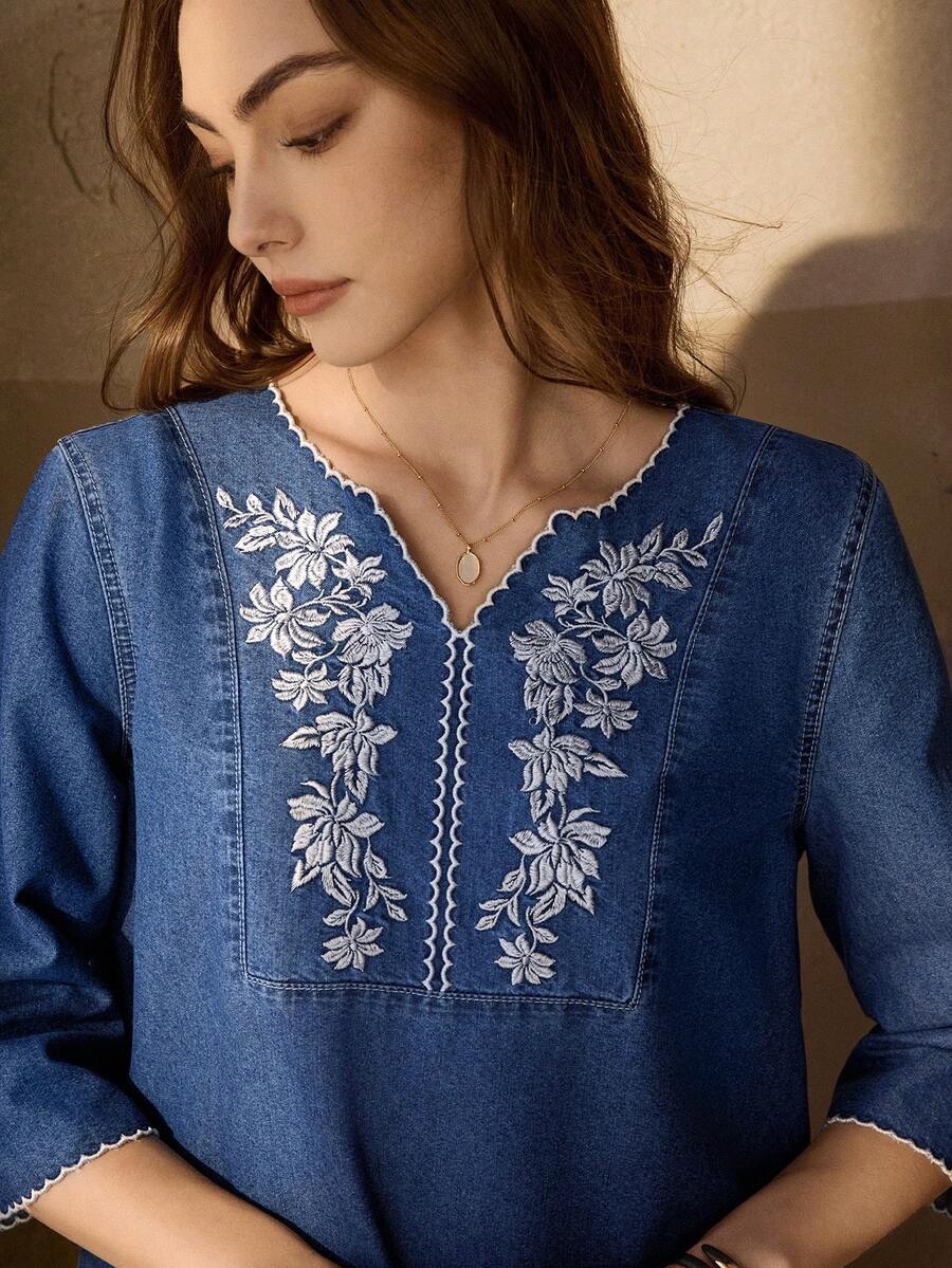 Selenza Women's Embroidered Denim Casual Long Sleeve Dress - Medium Wash - View 1