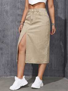 SHEIN ICON Minifalda de mezclilla casual con bolsillo en diagonal y abertura hasta el muslo de unicolor para mujer - Caqui - Ver 2
