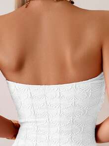 Swim Vcay Women White Knitted Sleeveless One Piece Bikini With Elegant Bandeau Neckline Cut Out Details And Plant Pattern - White - View 5
