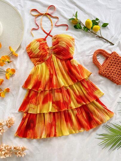 Soleia Women's Random Print Mini Dress, Beach Outfit, Summer Outfit For Women, Suitable For Holiday, Date, Afternoon Tea, Vacation, Music Festival, Boho Style, Spring/Summer