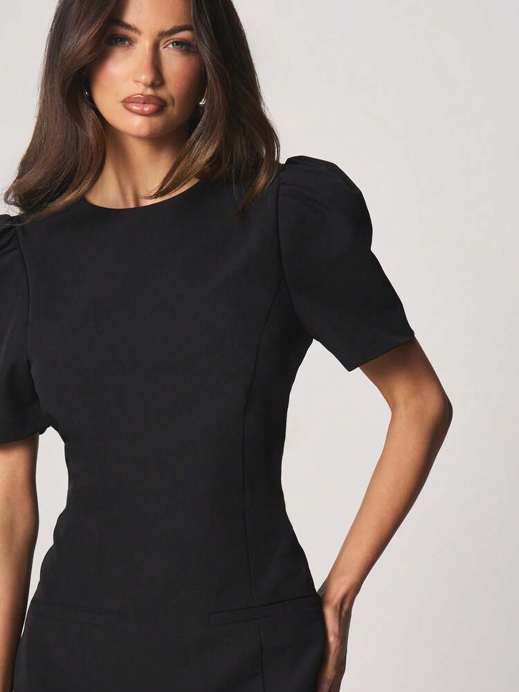 MISSGUIDED Puff Sleeve Structured A-Line Mini Dress Short Sleeve Crew Neck Bodycon Fit Winter Fall Holiday Party Evening