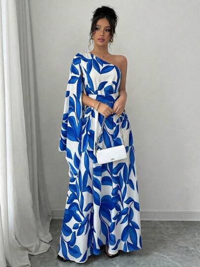 Elenzga Vestido azul elegante de mujer con tirantes asimétricos y ajustado con vuelo, para primavera/verano