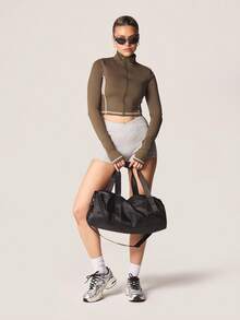 MISSGUIDED Olive Full-Zip Track Jacket With White Contrast Stitching Long Sleeve Cropped Athletic Zip Up Top For Active Casual - Army Green - View 3