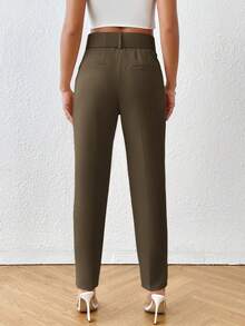 Aveloria Modichic Pantalones entallados con bolsillos en diagonal y cinturón, de unicolor, para uso casual y diario de la mujer - Verde - Ver 2