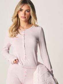 MISSGUIDED Ribbed Knit Button Front Cardigan Top And Leggings Lounge Set Pointelle Henley Style Cozy Pajama Set - Baby Pink - View 4