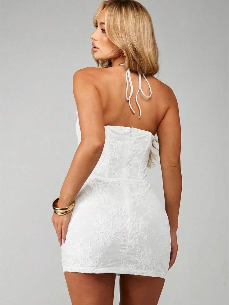 MISSGUIDED Lace Halter Mini Dress With Scalloped Edges And Corset Style Bodice For Special Events And Night Out