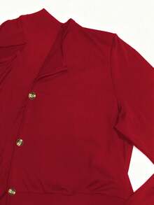 GlowEve Women's Long Sleeve Button Front Shirt & Pleated Midi Skirt 2 Pieces Set - Red - View 3