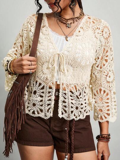 Freevana Plus Size Solid Color V-Neck Tie Front Hollow Out Cardigan, Fashionable Resort Wear