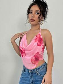 Firerie 女士时尚优雅性感印花网纱深V领上衣，适合夏季度假，玫瑰花上衣，Y2K风格低胸上衣，花朵上衣，性感夏季上衣，粉色上衣 - 粉色 - 查看 7