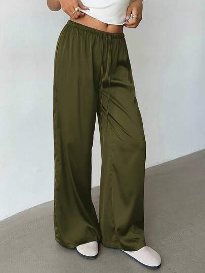 Aloruh Women's Low Waist Casual Retro Satin Versatile Brown Marl Color Long Skirt Olive Green Pants Satin Pants Wide Leg Pants Silk Pants Army Green Pants